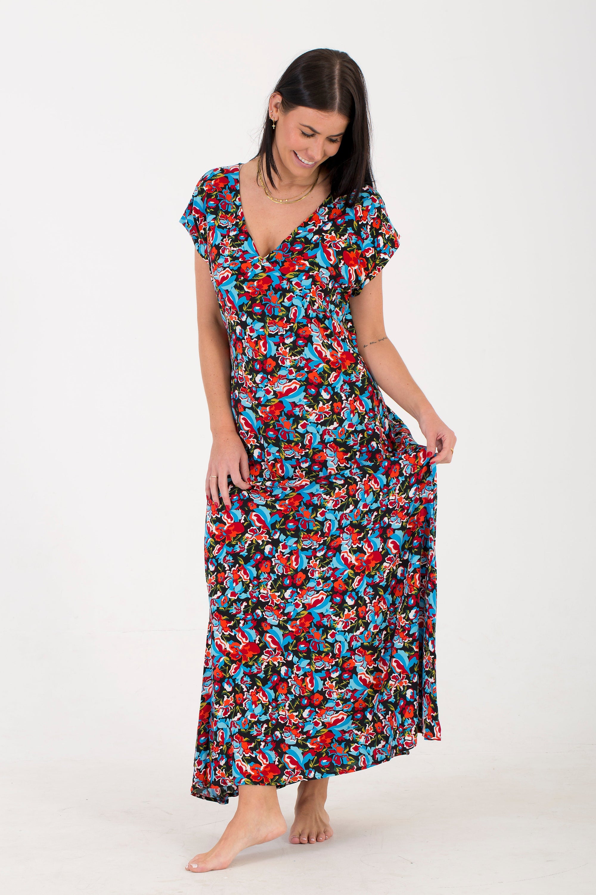 Valencia Dress Blue and Red Floral